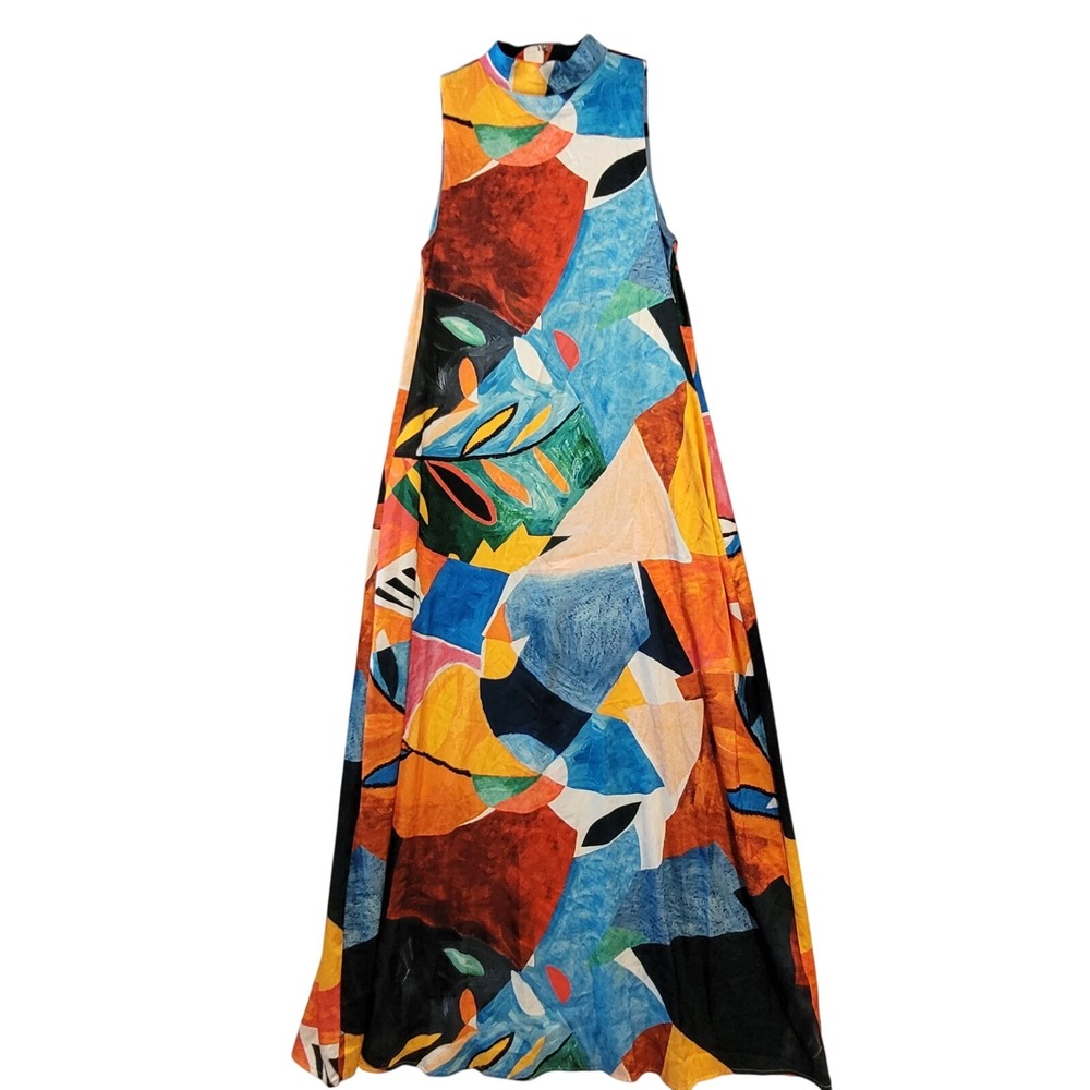 Nicole Miller New York Abstract Geometric Mock Neck Maxi Dress XS Art To Wear